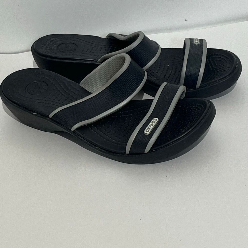 Crocs Women's Black Gray Madeira‎ Wedge Comfort Slip On Slide Sandals Size 5